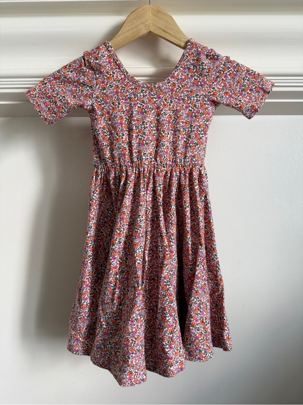 Girls Pink Floral Short-Sleeve Twirl Dress